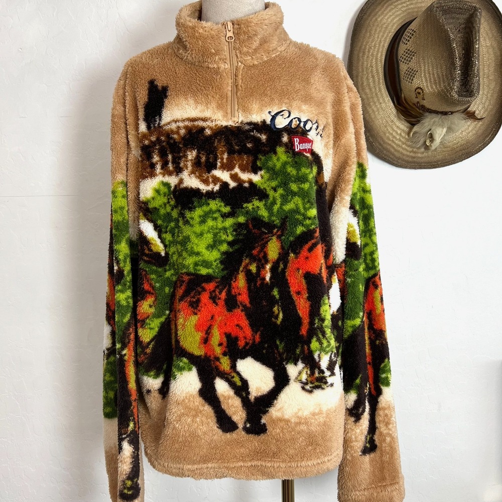 Coors Banquet Western Scenic Horse Fleece Pullover Quarter Zip Size XS Unisex